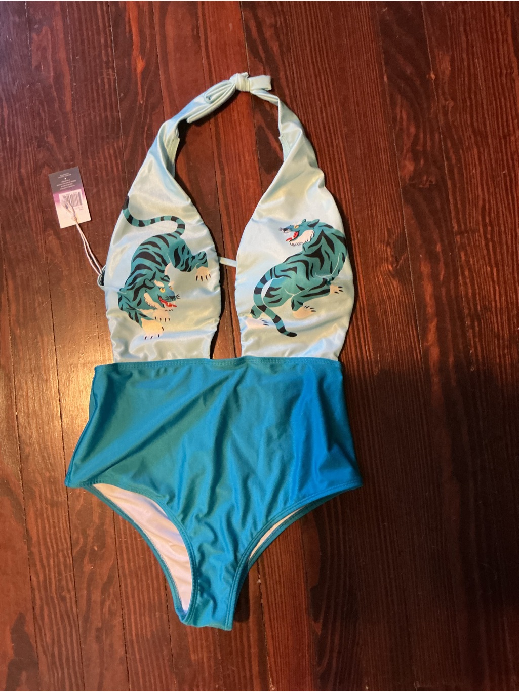 Averie Swimsuit Marina Halter One-Piece Fierce Tigers Print On Sky Blue